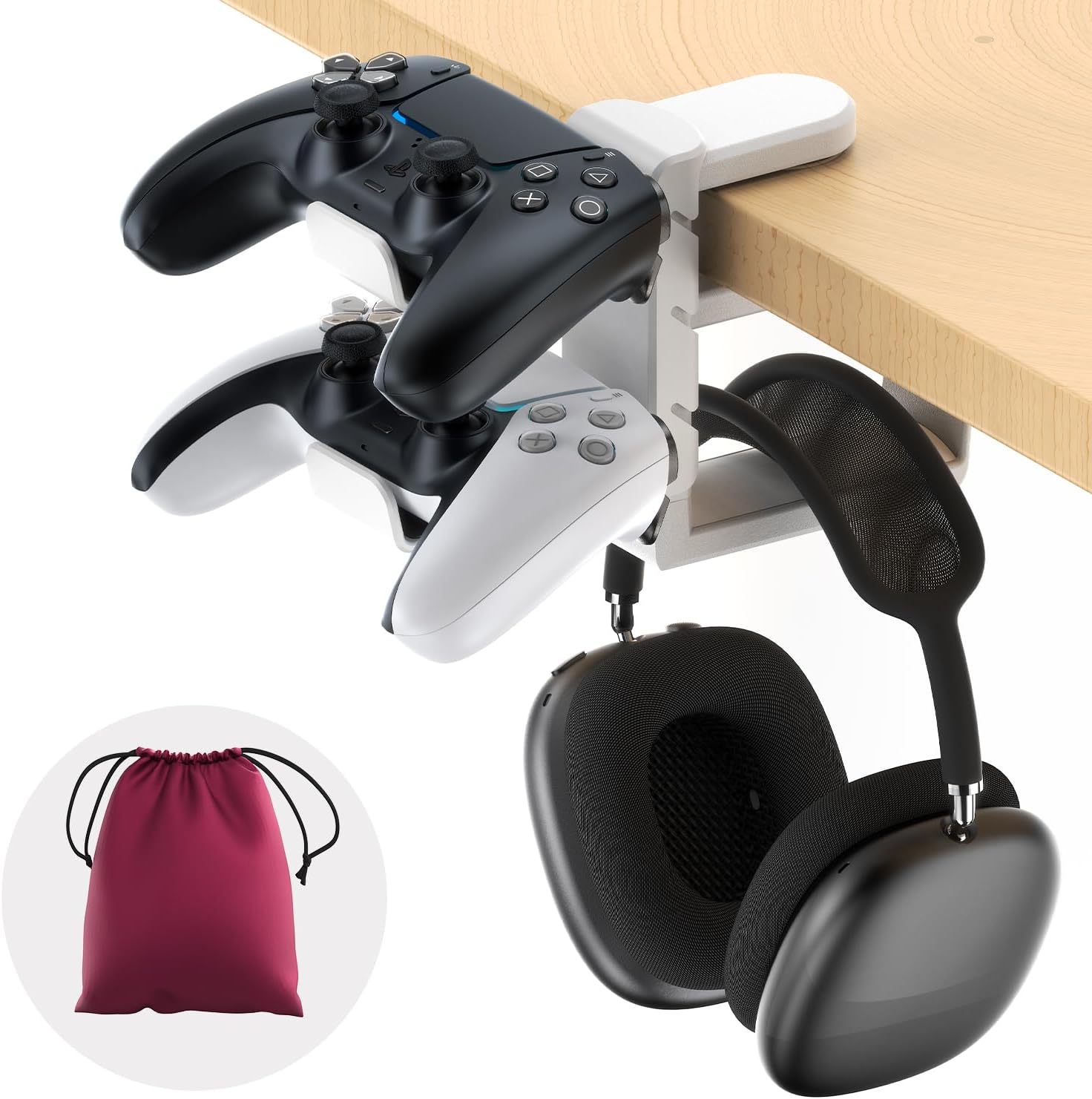 Rotating Headphone Stand - PC Gaming Headset Holder, Adjustable Clamp-on Under Desk Hanger With 360 Degree Swivel & Cable Clip Organizer - Black