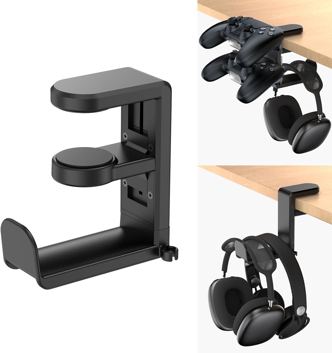Rotating Headphone Stand - PC Gaming Headset Holder, Adjustable Clamp-on Under Desk Hanger With 360 Degree Swivel & Cable Clip Organizer - Black